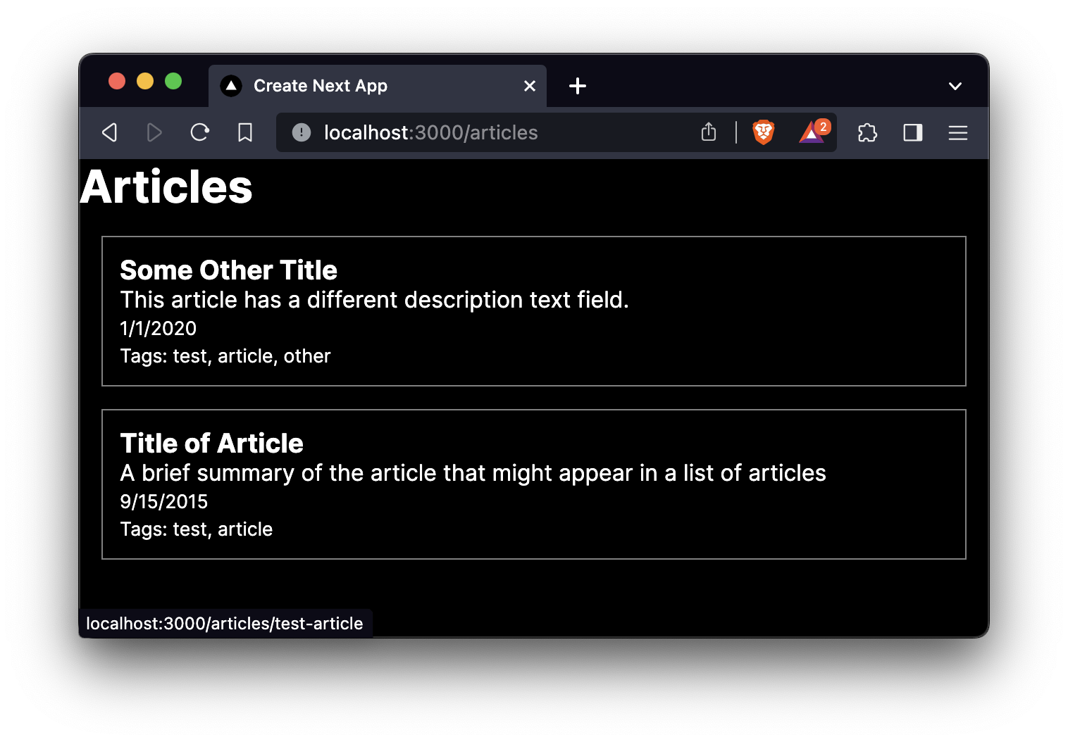 Screenshot of browser window showing dynamically listed articles