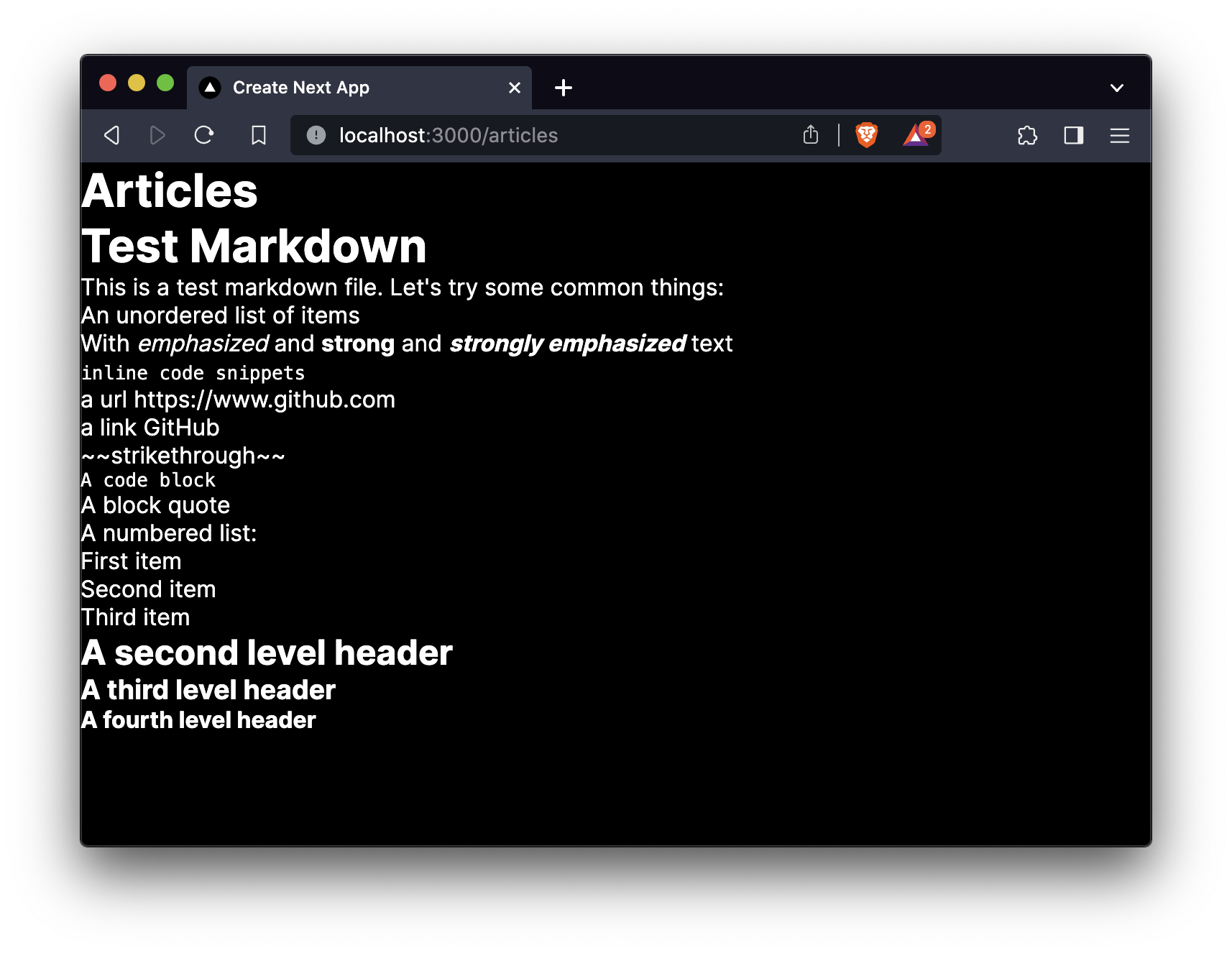 Screenshot of dev server window with markdown content displayed