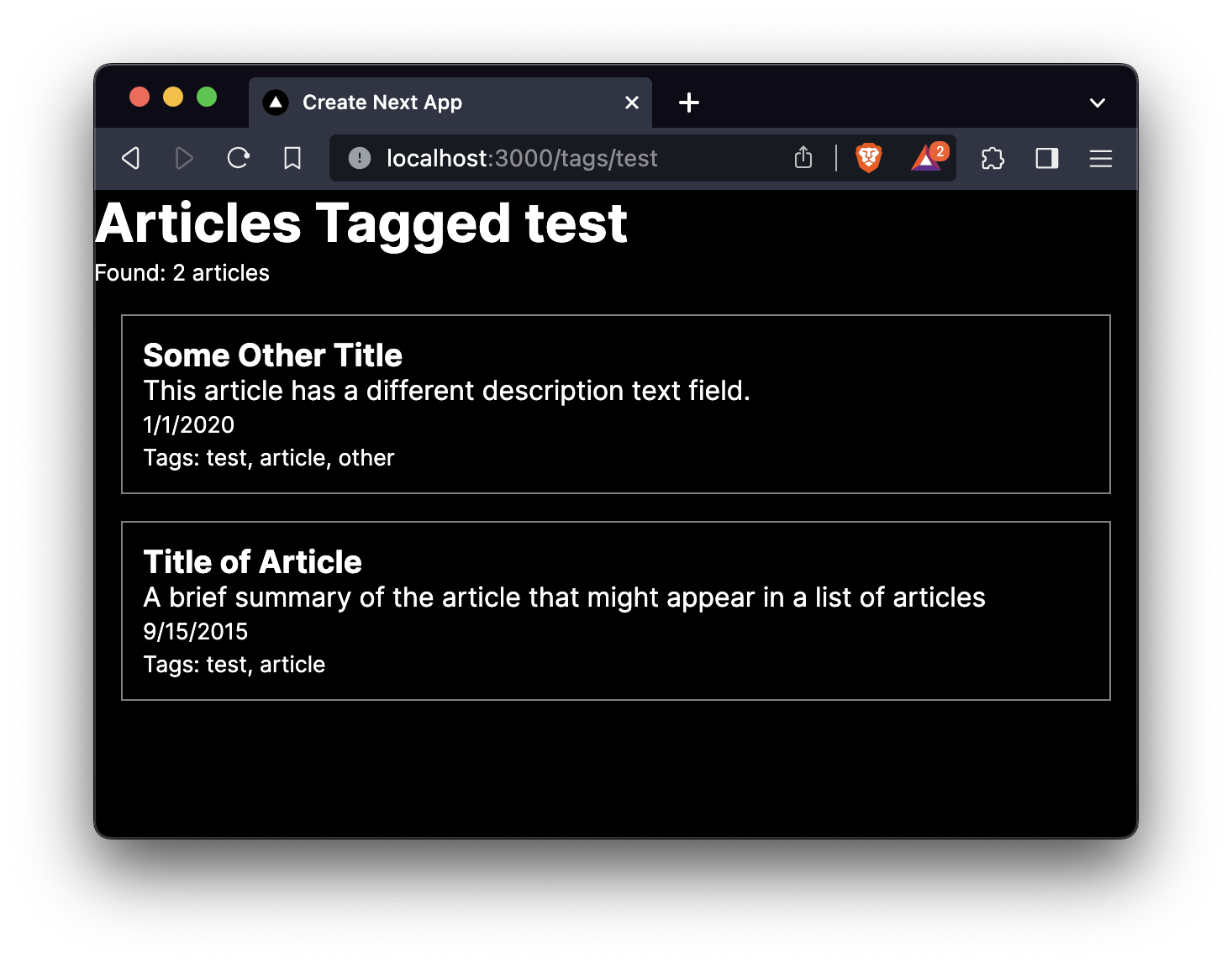 Screenshot of page showing list of posts tagged test